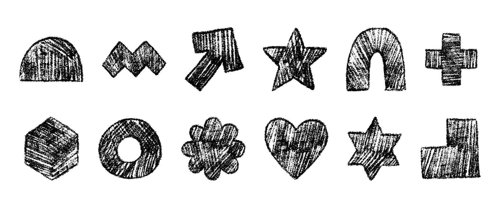 Simple geometric shapes drawn with soft black pencil. Collection of abstract figures with grunge texture. Arrow, heart, flower, hexagon, cross and other. Hand drawn black and white illustration vector