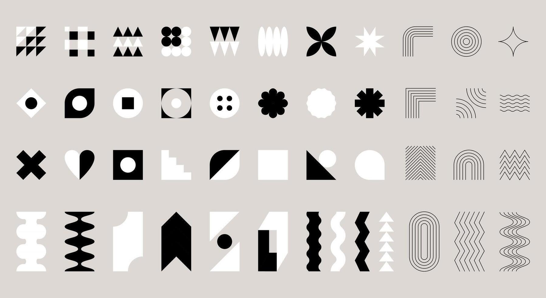 Geometric shapes collection. Brutalism, Swiss minimalism, Bauhaus style. Simple flat and outline design elements. Black and white monochrome objects isolated on grey. Ediatble strokes. vector