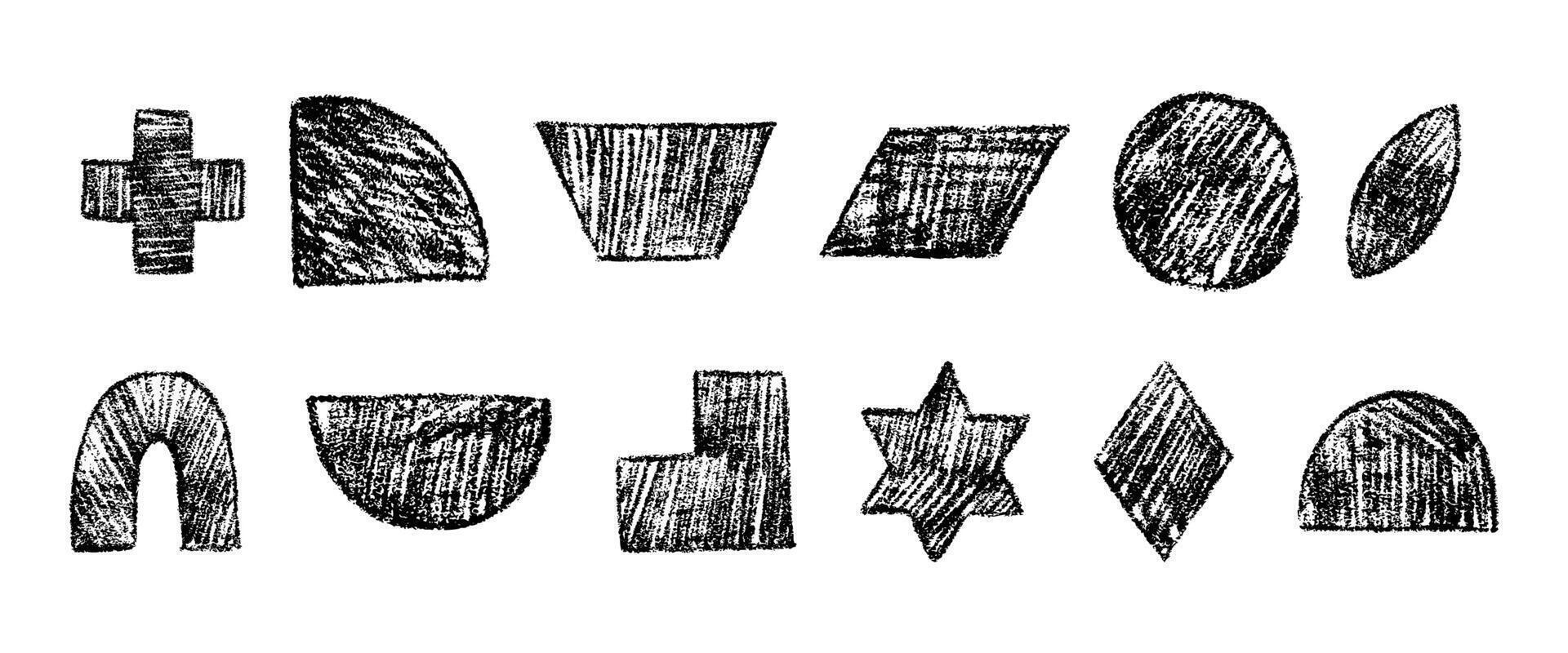 Black chalk pencil figures. Set of hand drawn crayon abstract geometric shapes in sketch style. Pastel grunge texture. Black pencil illustration isolated on white background vector