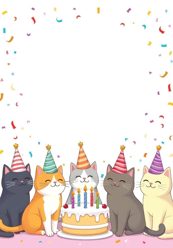 birthday-themed graphic with five cartoon cats wearing party hats and a birthday cake vector