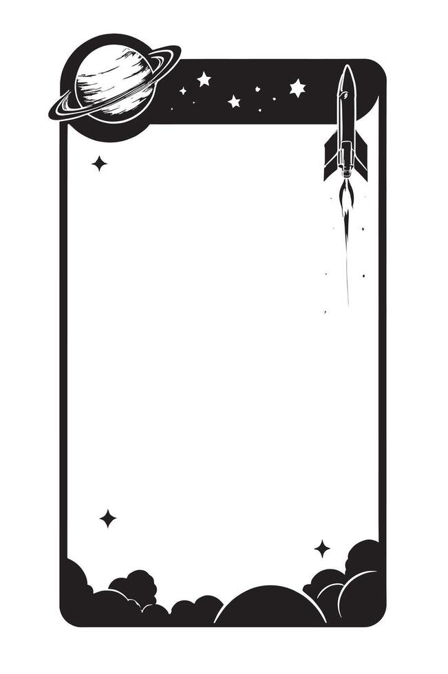 illustration of a frame space galaxy and rocket line art, phone frame , social media frame, black and white vector