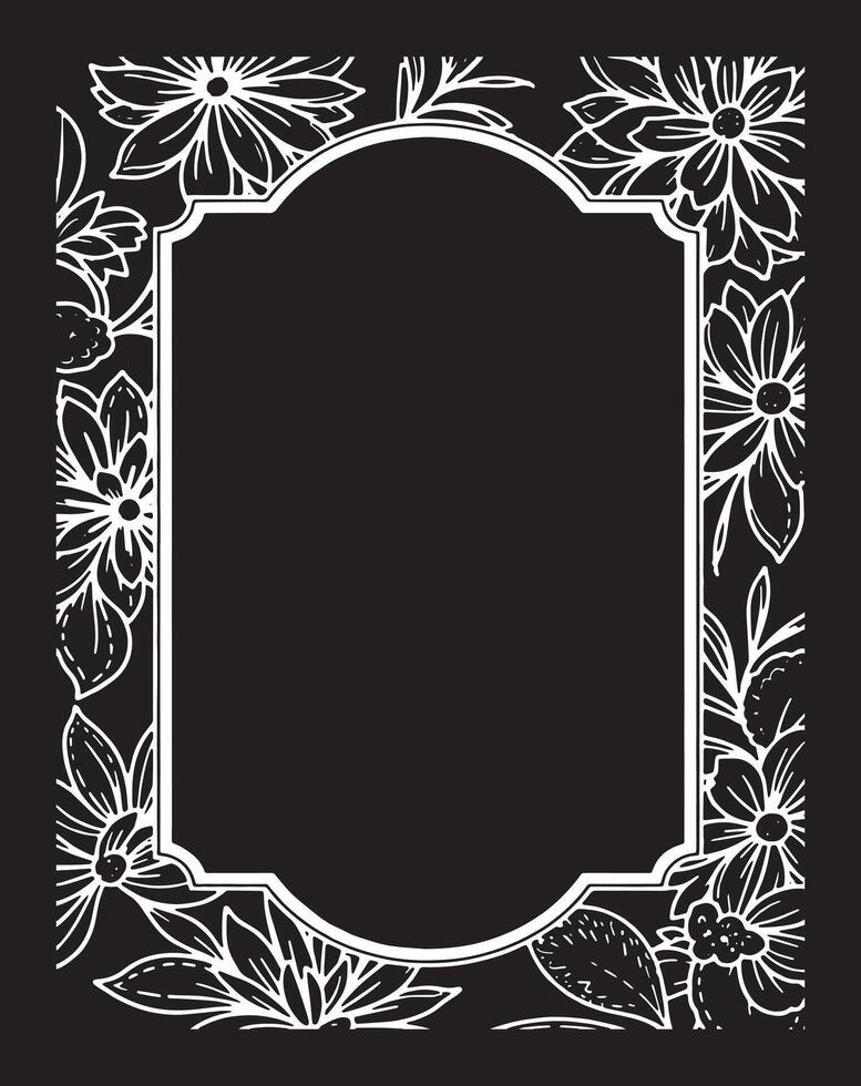 illustration of a frame with flowers on a black background line art vector