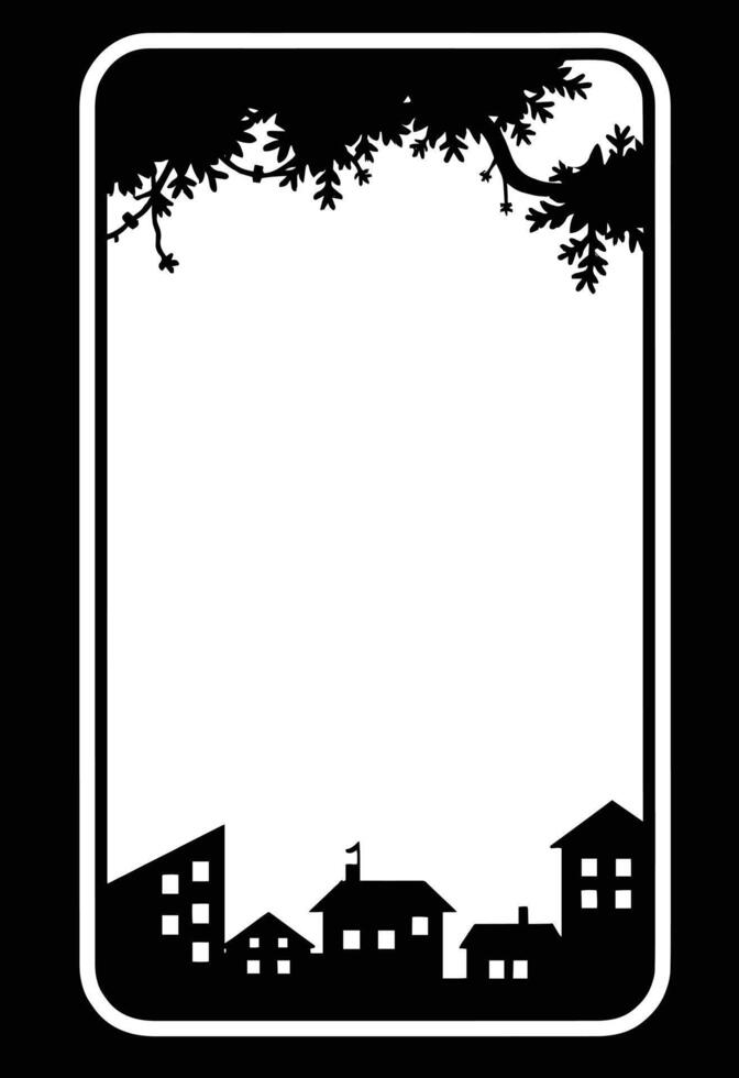 illustration of a frame surrounded by plants and city, phone frame , social media frame vector