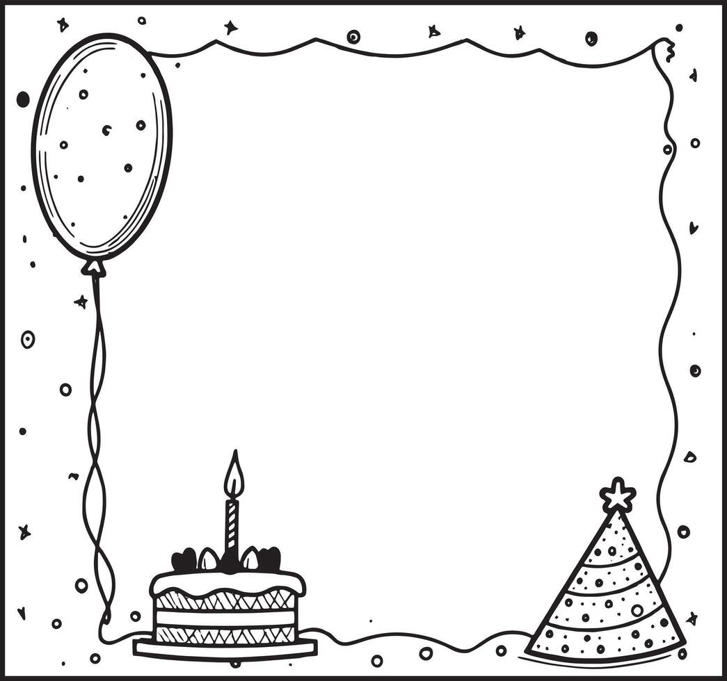 line art birthday party invitation frame , birthday illustration ballon cake and cone vector