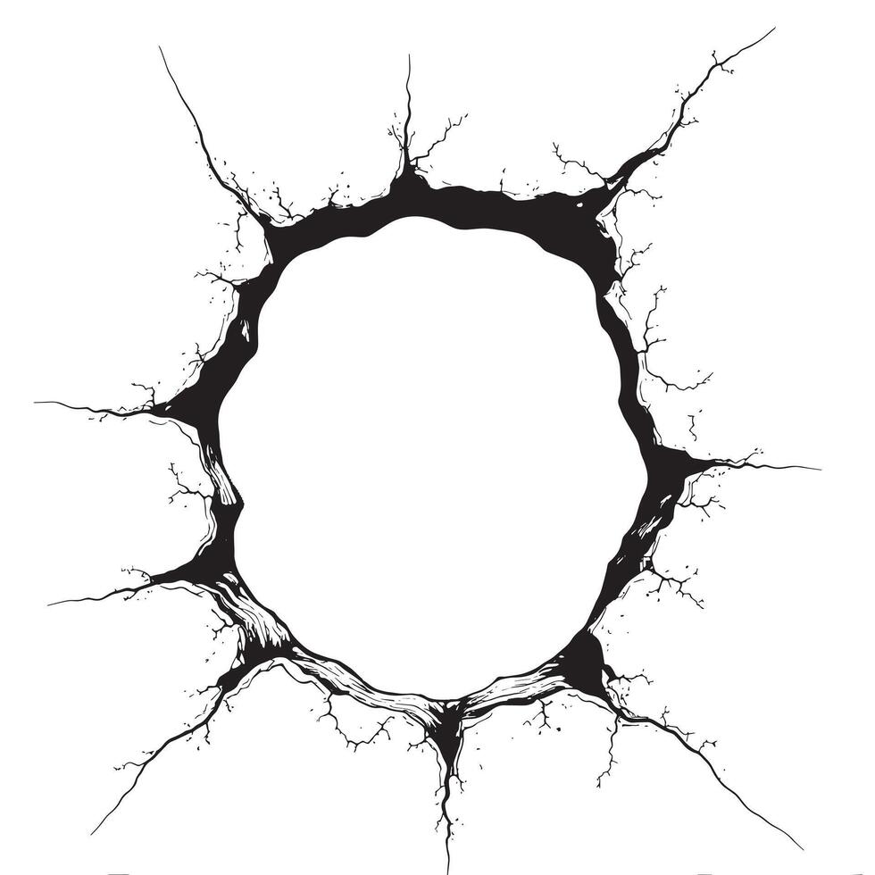 Wall Hole Crack line art in Black and White Striking Design Featuring a Realistic Crack vector