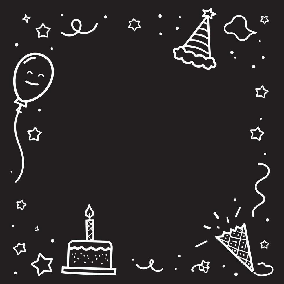 birthday party doodle frame with balloons, cake, candles and stars vector