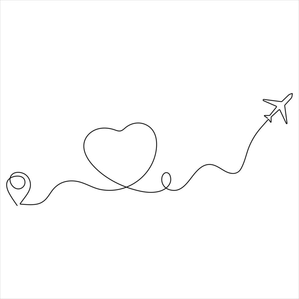 Love Travels Air plane Route to a Heart Destination continuous single line art vector