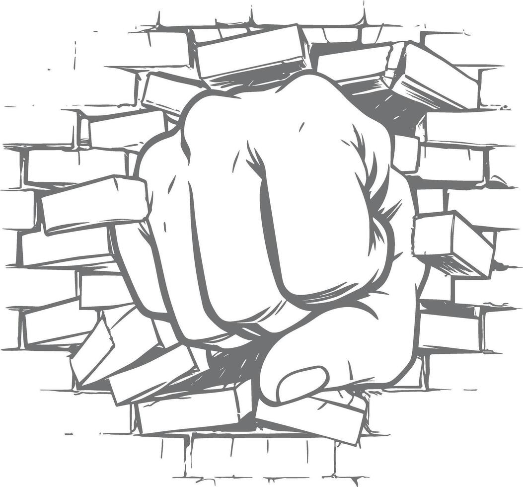 a fist breaking through a brick wall 3d illustration pencil vector