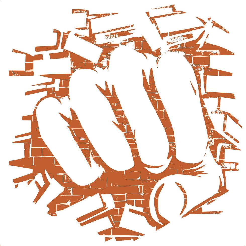a fist breaking through a brown brick wall vector