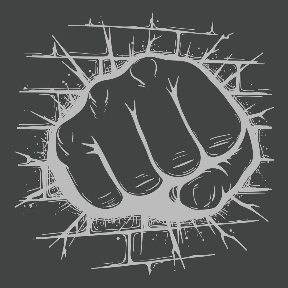 a fist coming out of a brick wall line art vector