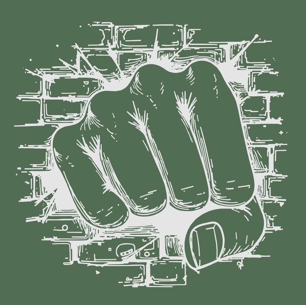 a fist breaking through a brick wall pencil line art hand punch vector