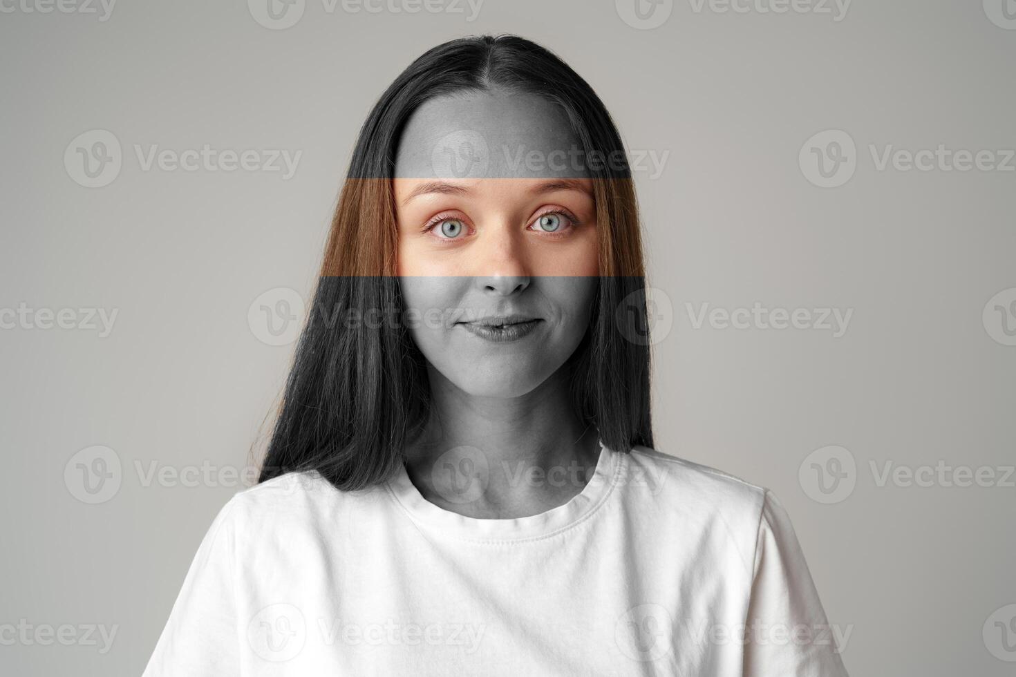 Portrait of a woman with unique eye concept and monochromatic background in a creative art setting photo