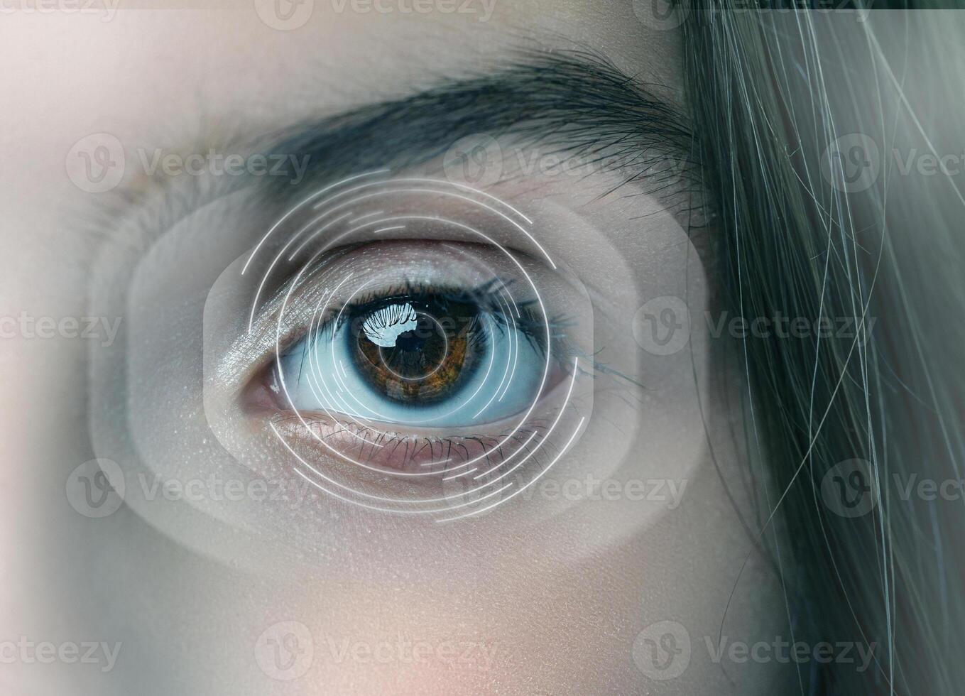 Close-up view of an eye showcasing vibrant colors and digital graphics representing technology in vision at a studio photo