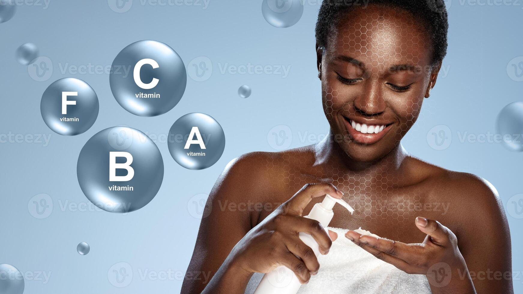 Woman applying skincare product with vitamins, enjoying radiant skin in a bright, inviting space photo