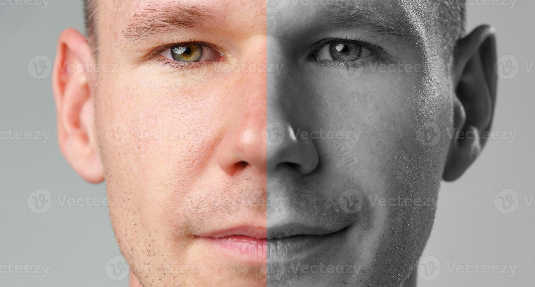 Portrait of a man showcasing a split-tone effect with one side in color and the other in black and white photo