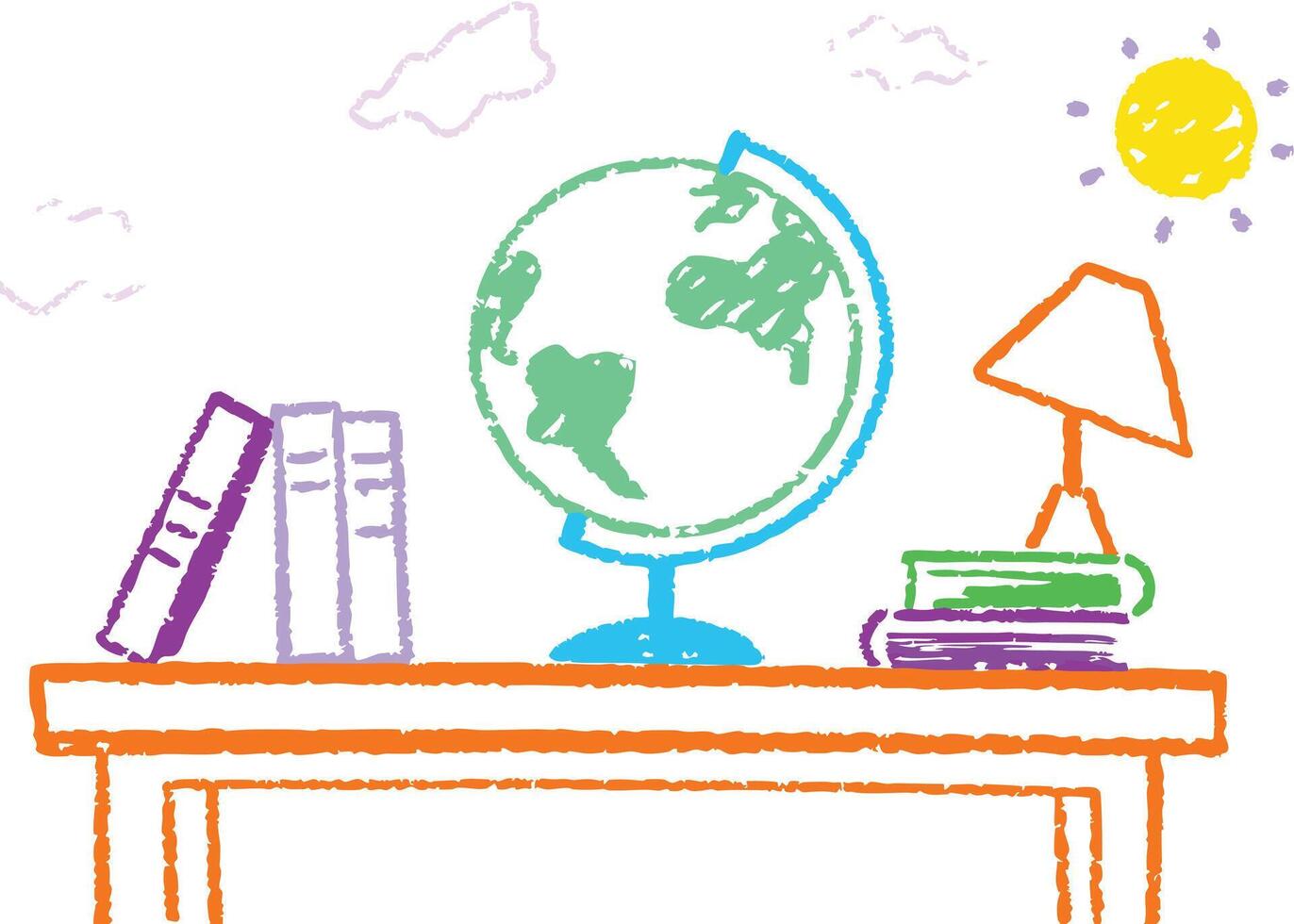 Global education illustration featuring earth, school icons, and design concepts vector