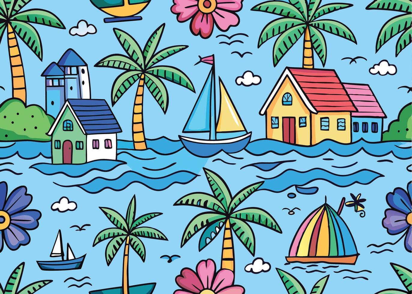 tropical beach pattern with palm trees, boats, and the ocean vector