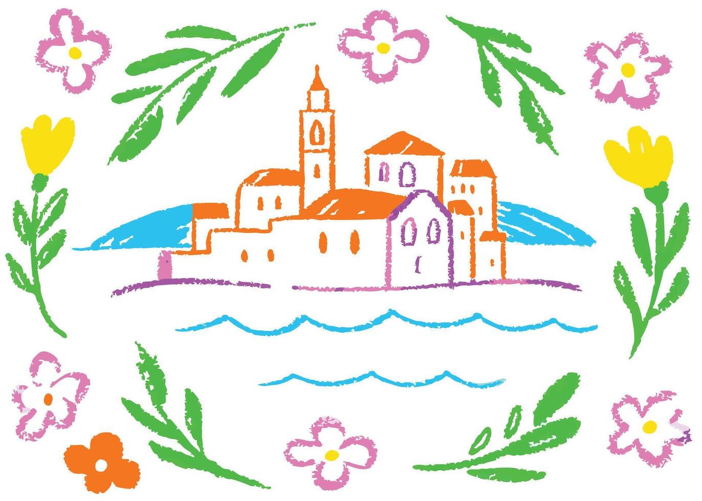 A delightful birthday cake adorned with flowers and candles sits on a tropical beach, basking in the summer sun with the ocean waves gently rolling in vector