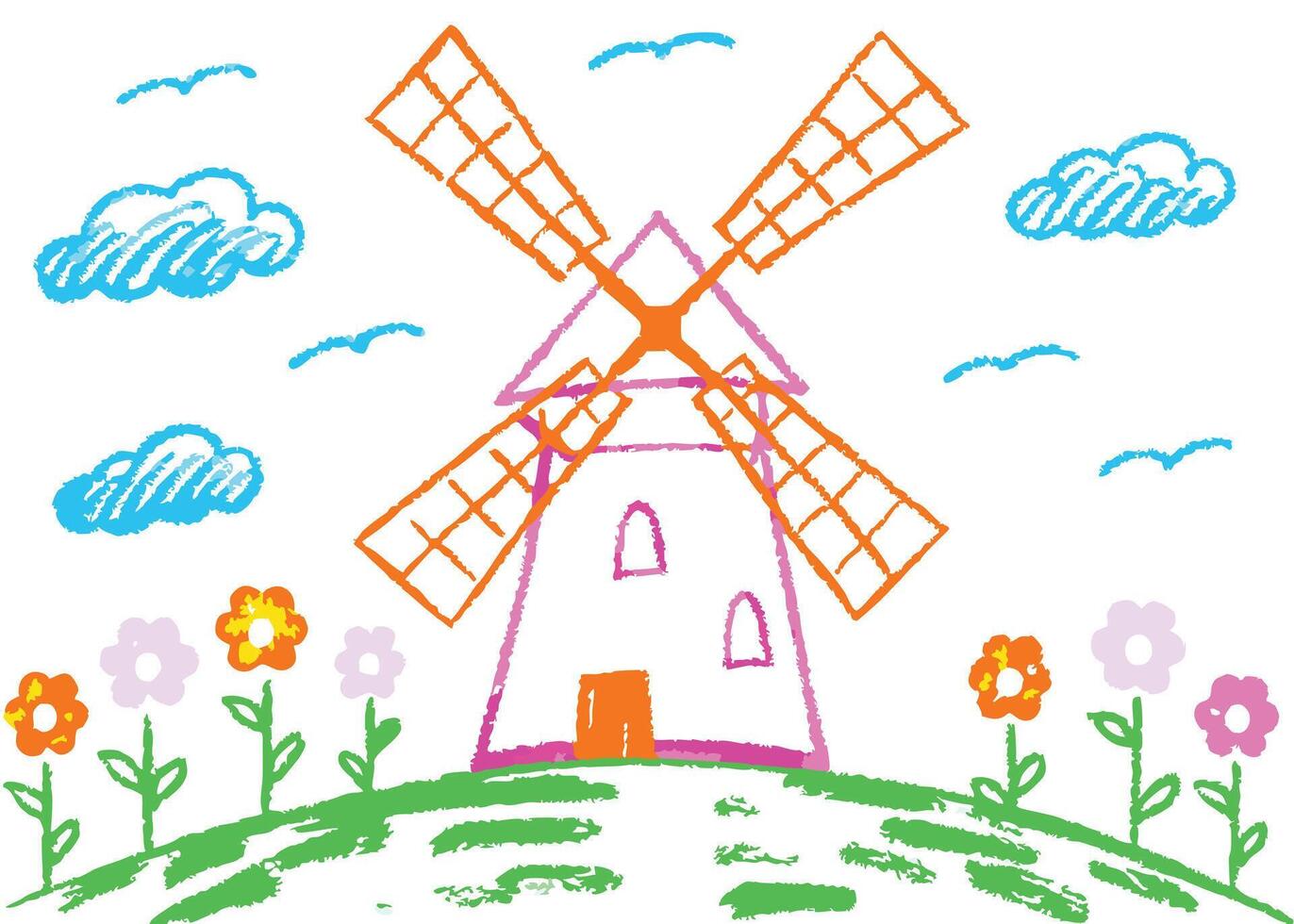 a windmill in a summer field with flowers, a house, trees, and a bright sky vector