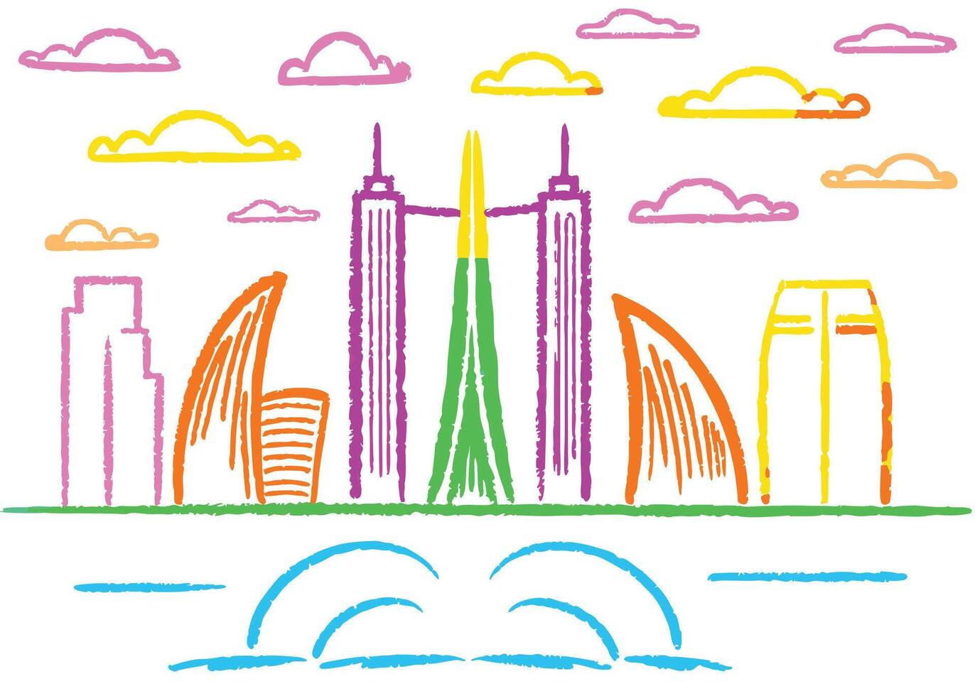 a city with a set of summer travel icons, symbolizing beach vacations with sun, sea, boats, and palm trees vector