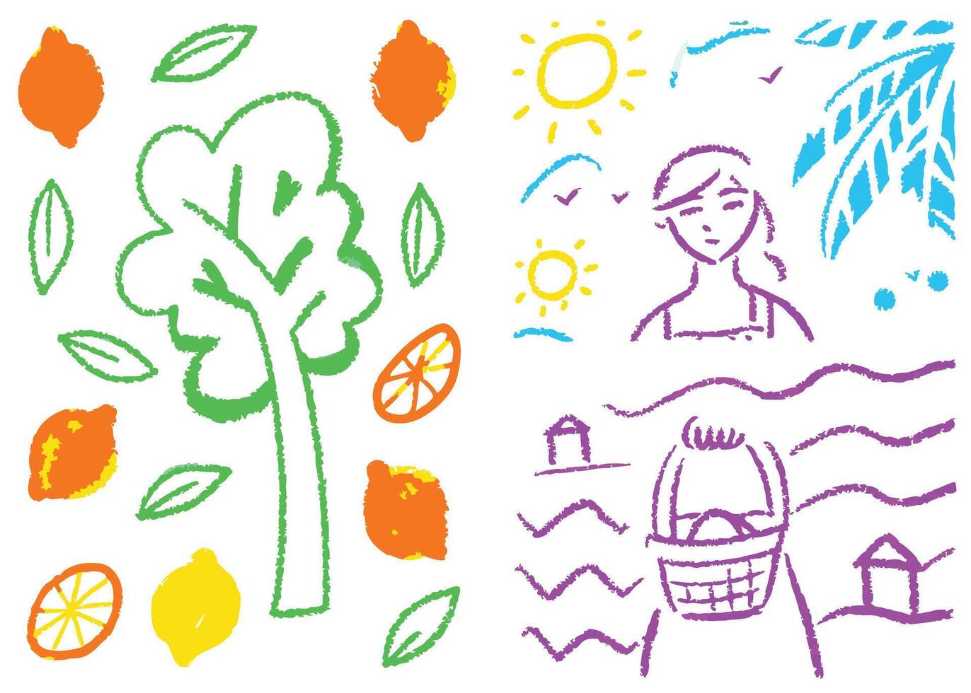 set features healthy food and fruit, including apples, oranges, and green leafy vegetables, alongside cheerful summer and spring elements like flowers, trees, and autumn vector