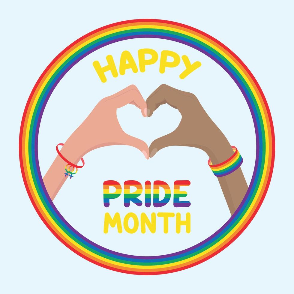 Happy Pride Month greeting card Love hands sign Rainbow LGBTQ flag vector