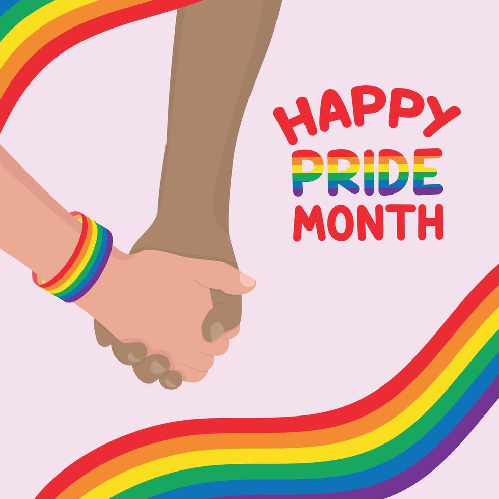 Happy Pride Month Couple holding hands LGBTQ rainbow flag vector