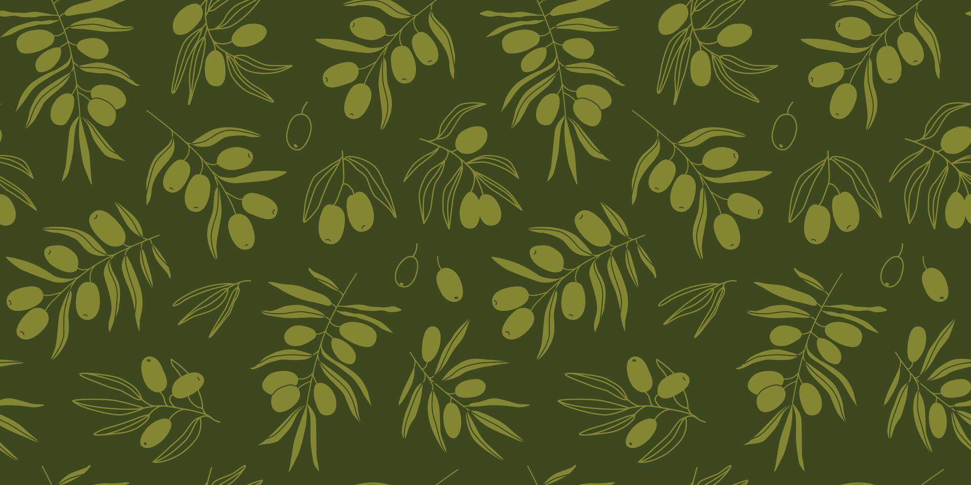 Green olives seamless pattern. Linear hand drawn olive leaves and berries. Silhouettes. Outline botanical drawing. Background, wallpaper, banner. Greek, Italian, Spanish farming. Olive oil. . vector