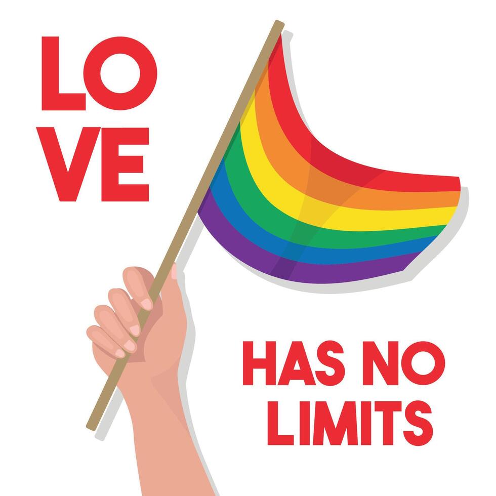 LGBTQ greeting card with rainbow flag in hand Pride month Love has no limits vector