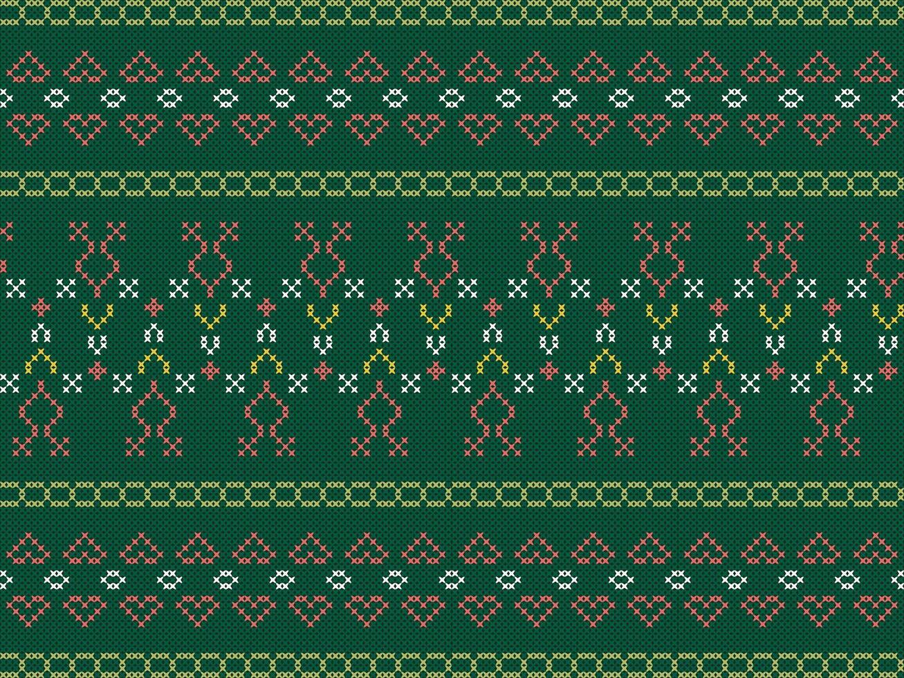 Colorful seamless knitting pattern on green background. Design for capet, wrapping, clothing, knitting, Ikkat, ikat, fabric. vector