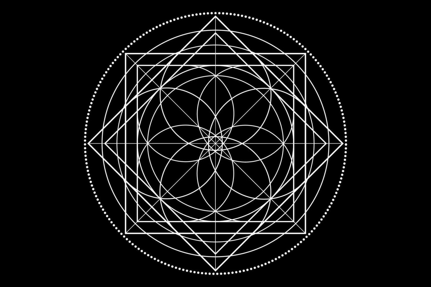 Sacred Geometry symbol. Logo icon Geometric mystic mandala of alchemy esoteric Flower of Life. Mystical lotus of fortune, white tattoo divine meditative amulet isolated on black background vector