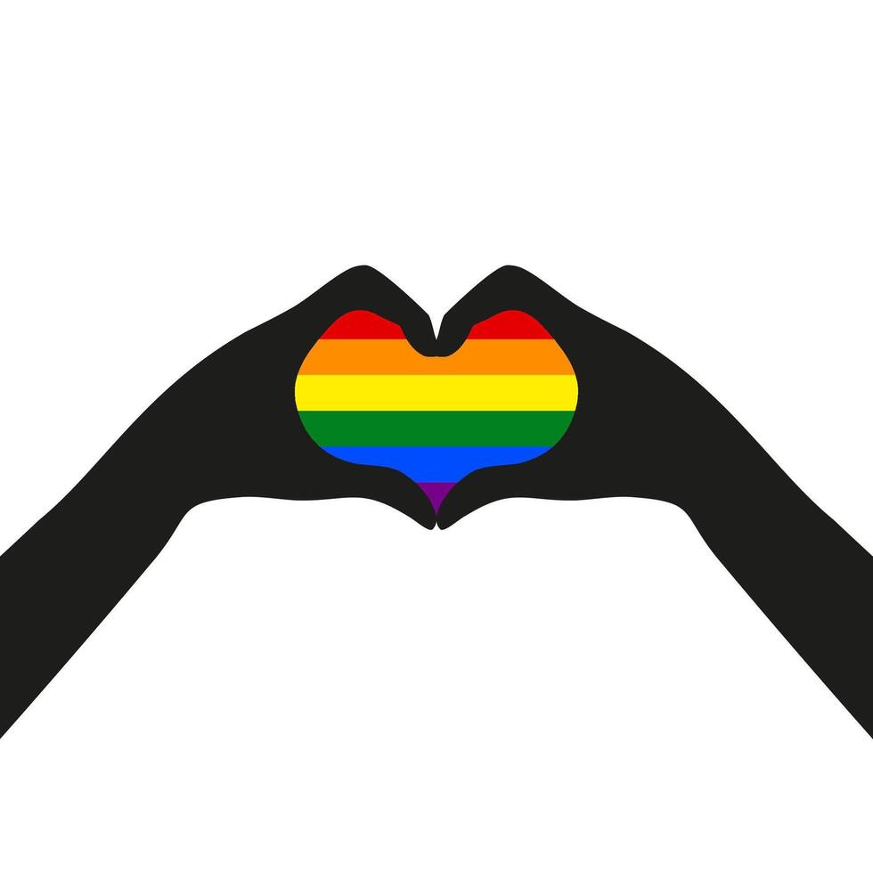 Happy Pride Month, Two hands forming a LGBTQIA heart shape, Gay Pride Banner with LGBT Rainbow Flag sign. Colorful design element frame border isolated on white backgroun vector