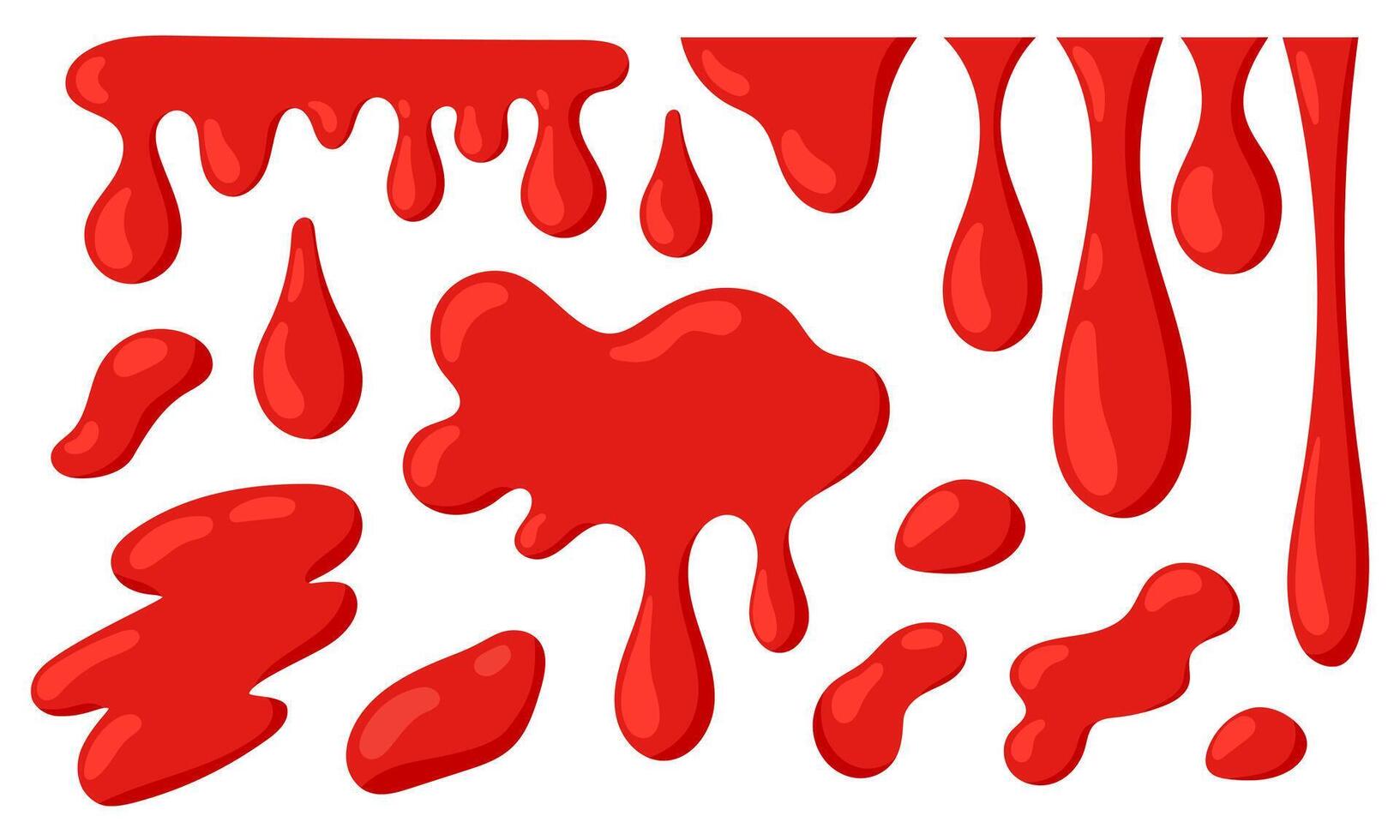 Blood splash set. Drop and blob of blood. Bloodstains. Dripping red paint. Bloody ink drips. Flat illustration isolated on white background vector