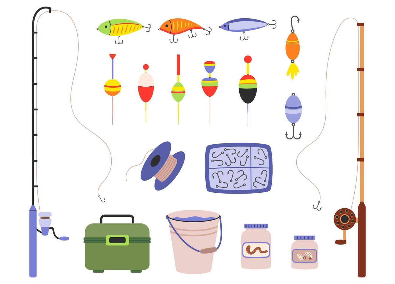Fishing gear set. Hook, lure, bait, rod, reel, bobber, fish tackles in box. Angling and spinning equipment. Hand drawn flat illustration isolated on white background vector
