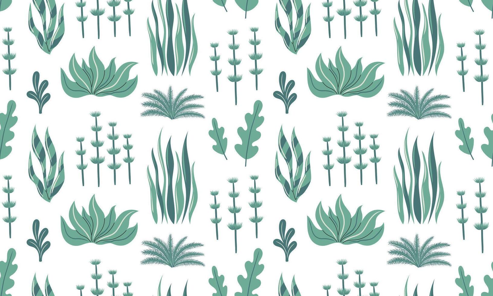 Seamless pattern seaweed. Ocean plants, underwater flora, seagrasses. Aquatic plant, algae, tropical coral. Sea background. Hand drawn flat illustration vector