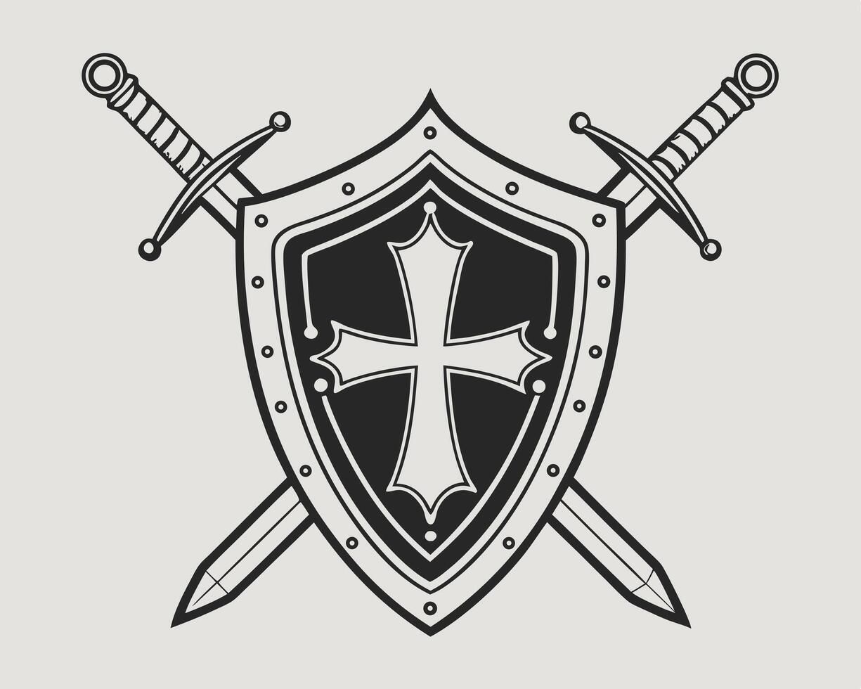 A black and white shield with a cross and two crossed swords on a light background vector