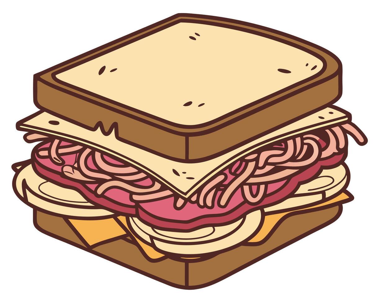 Delicious and freshly made cartoon sandwich featuring layers of meat and cheese and bread vector