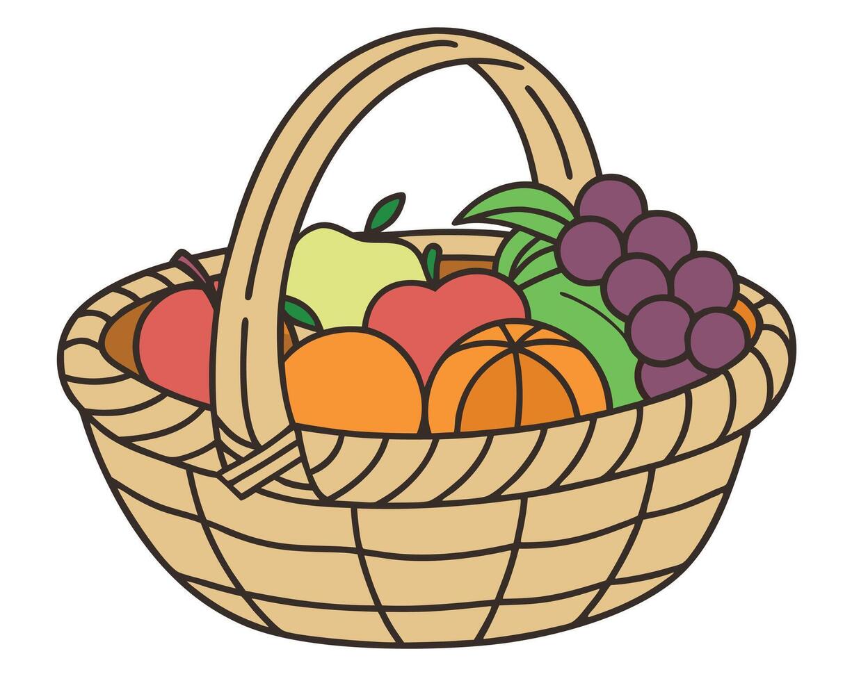 A charming illustration of a wicker basket filled with fresh and colorful fruits vector