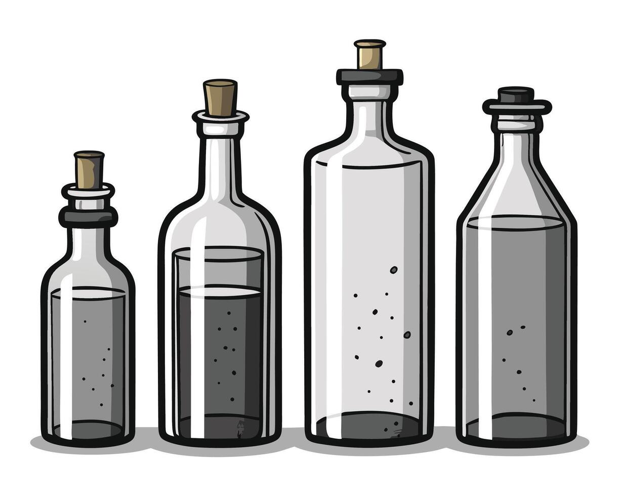 Four vintage glass bottles with cork stoppers in various sizes and filled with liquid vector