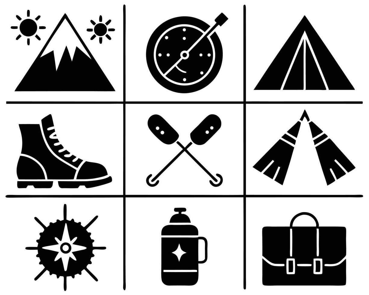 Collection of black and white icons representing outdoor adventure and travel vector