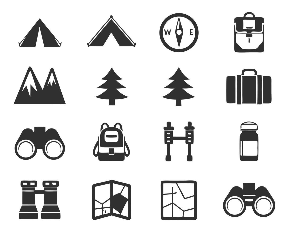 Simple black and white camping and outdoor adventure icons and symbol collection for design vector