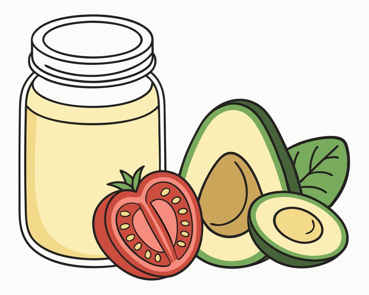 Fresh ingredients illustration featuring avocado tomato and oil in a jar for healthy eating concepts vector