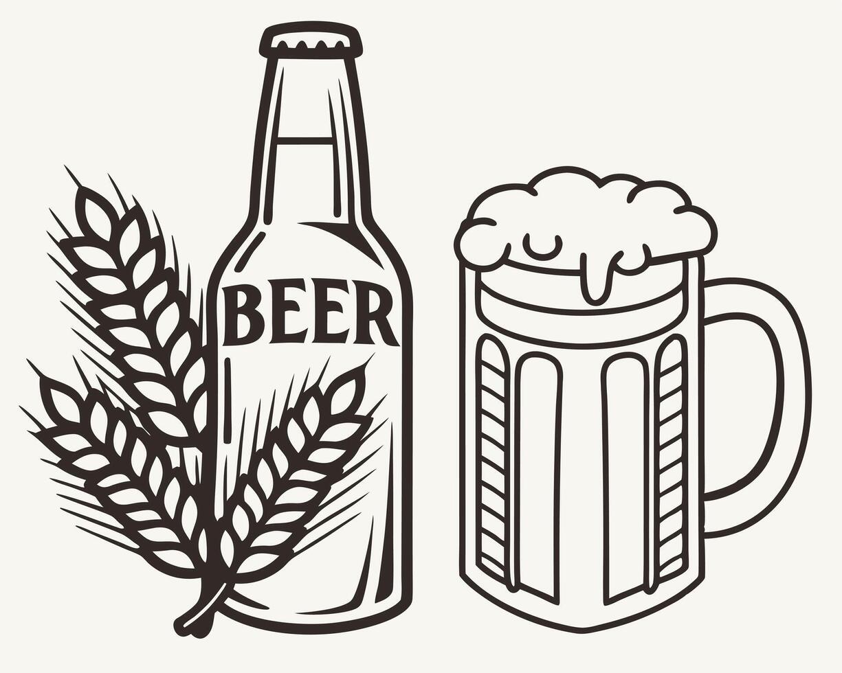 A classic black and white illustration featuring a beer bottle a beer mug and wheat stalks vector