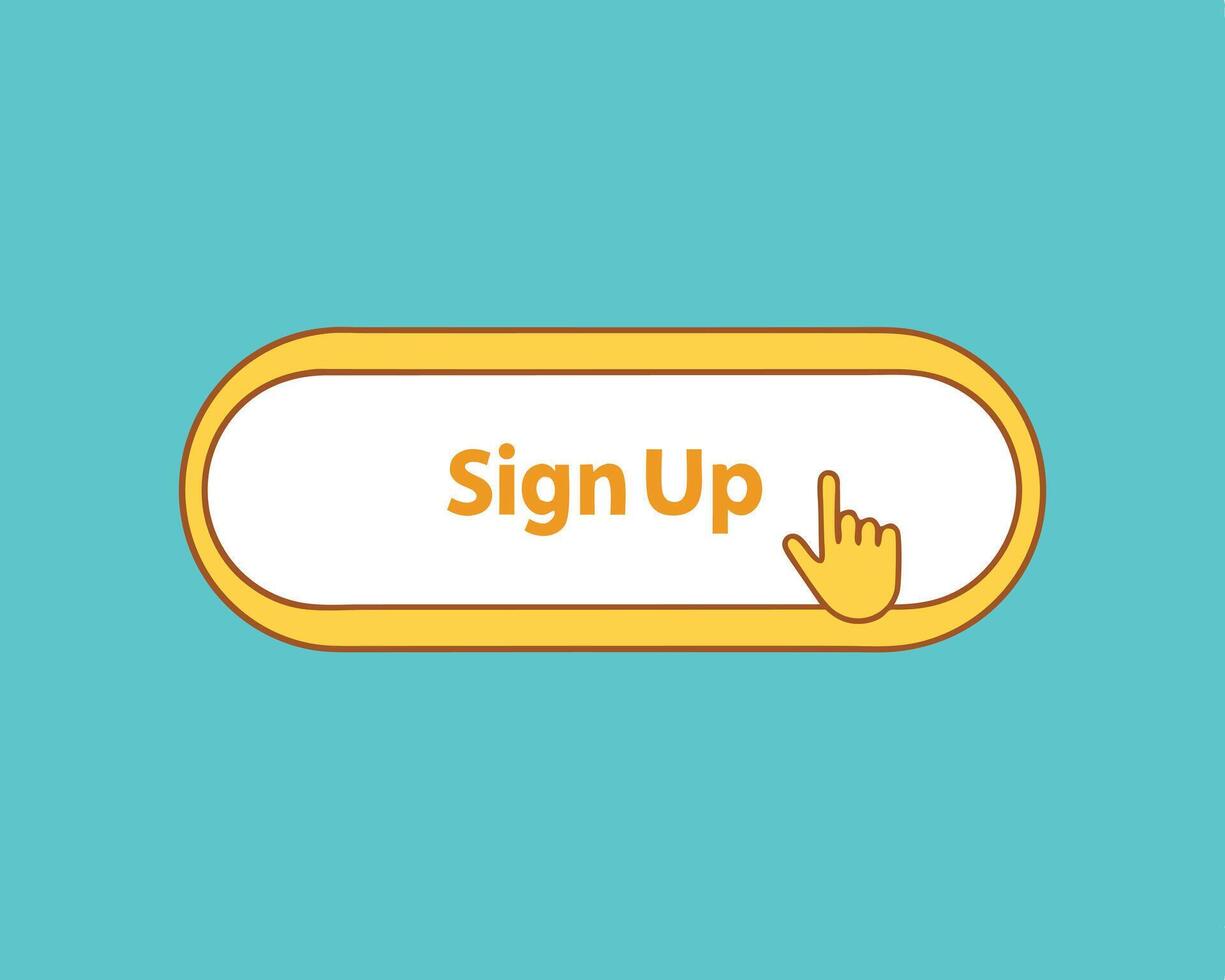 Simple sign up button illustration with hand pointer and blue background for website design vector