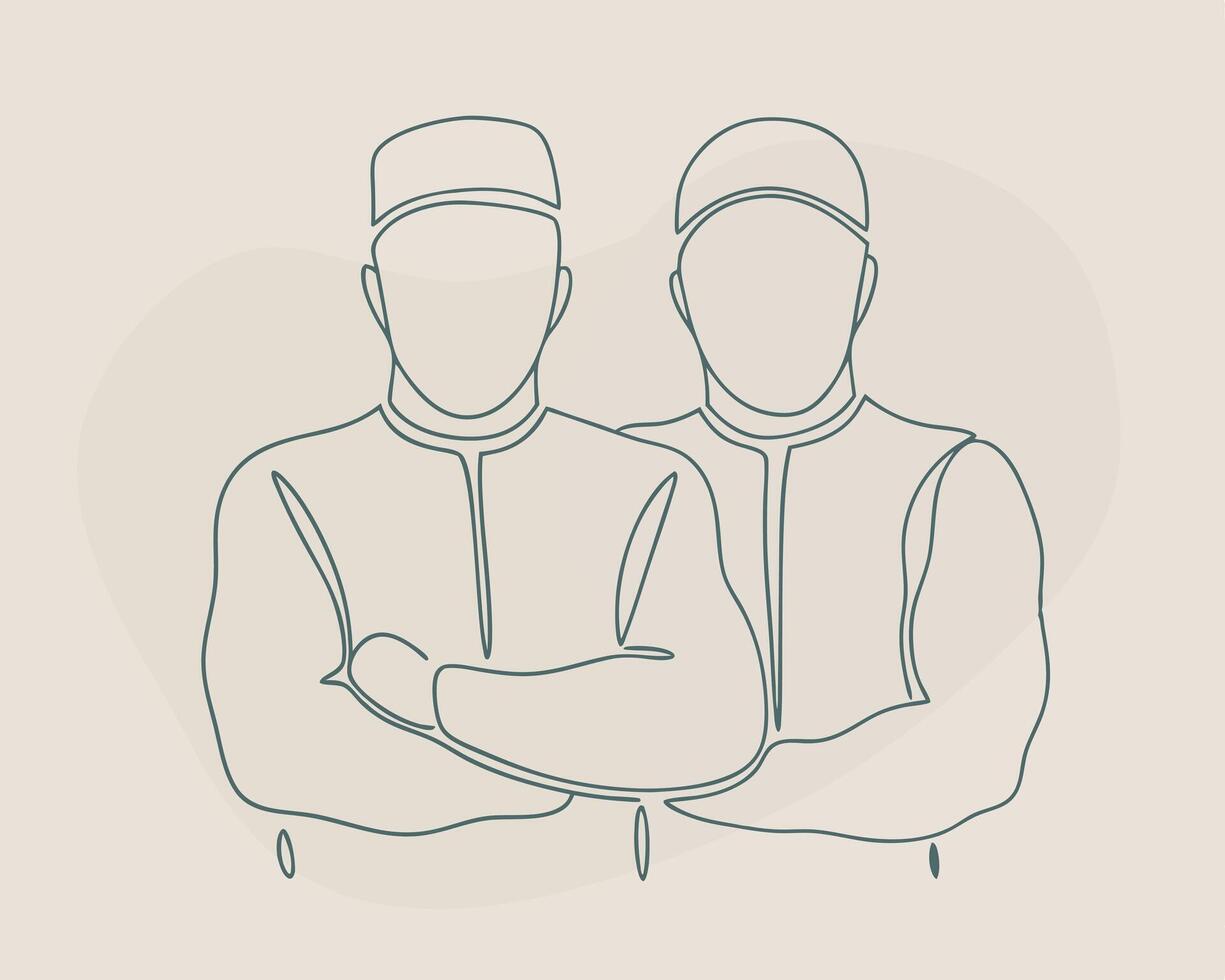 Minimalist line art illustration depicting two muslim men with arms crossed standing together vector