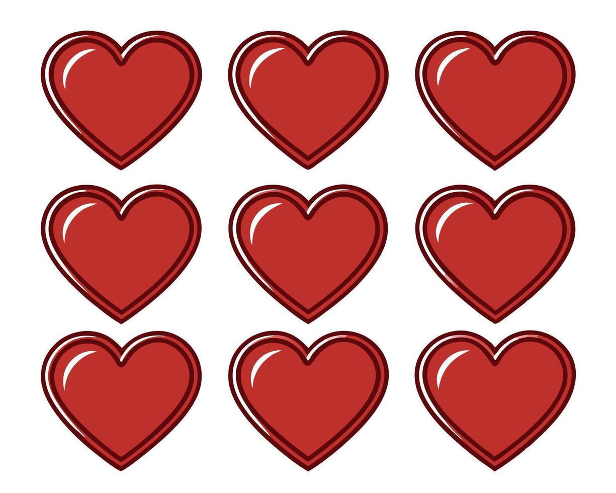Nine red hearts with white outlines arranged in a grid on a clean white background vector
