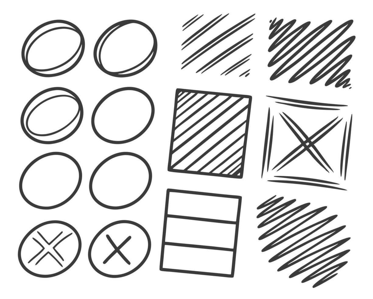 Hand drawn sketch elements collection including circles squares lines and check marks on a white background vector