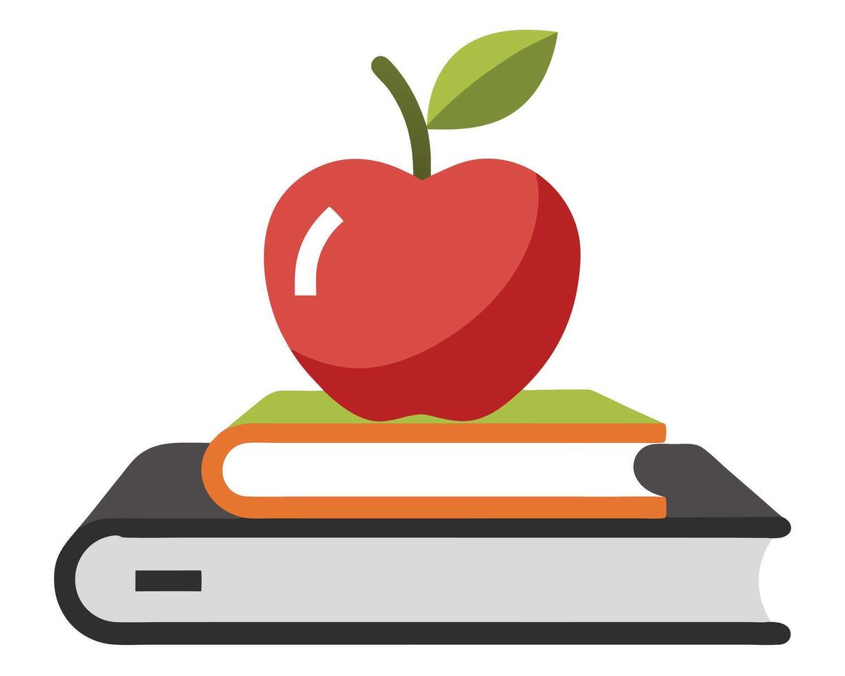 Simple illustration of a red apple sitting atop two books representing education and knowledge vector