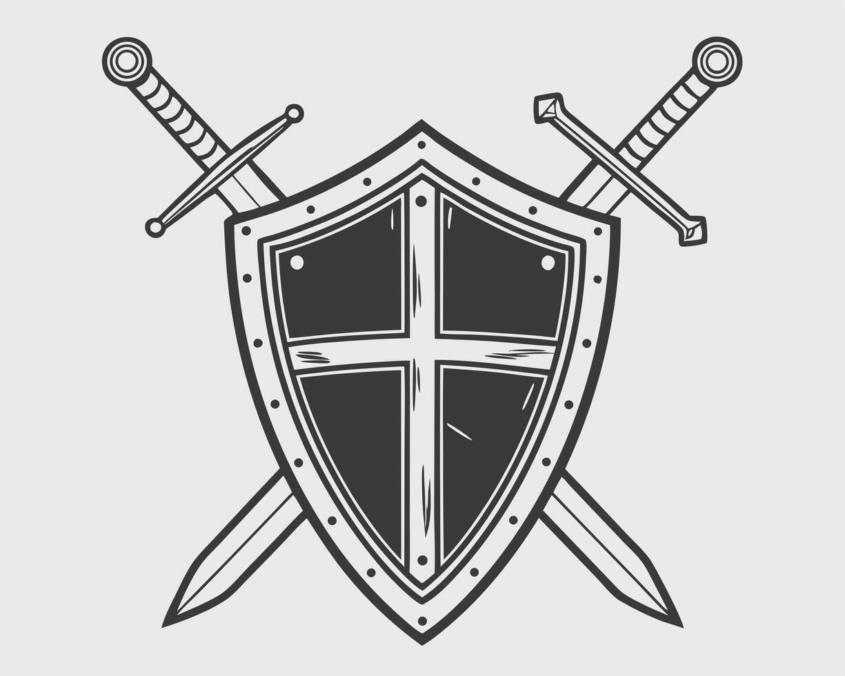 Vintage shield and crossed swords emblem illustrating protection and defense elements in monochrome design vector