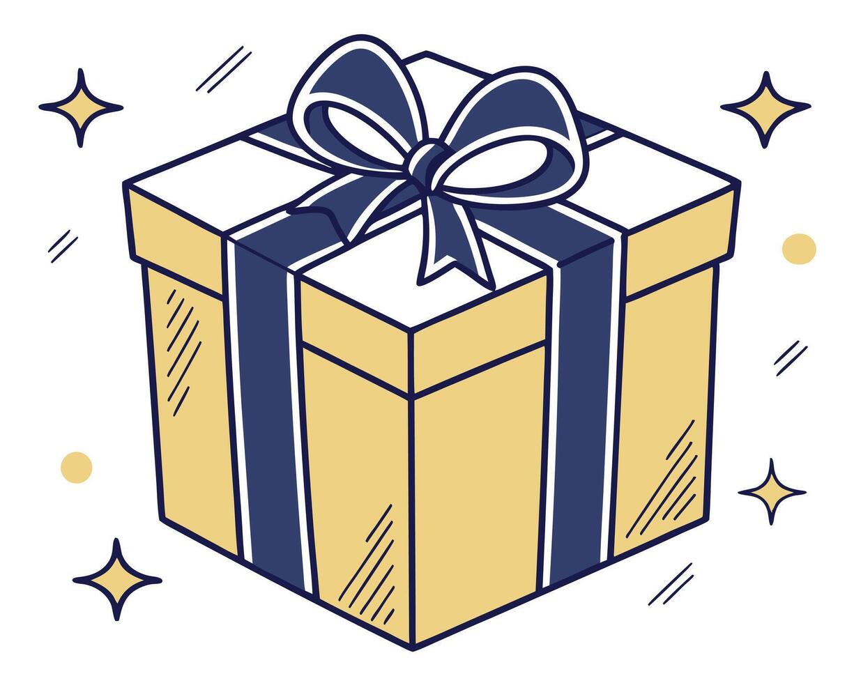 A stylishly illustrated yellow gift box with a blue ribbon and sparkles perfect for celebrations vector